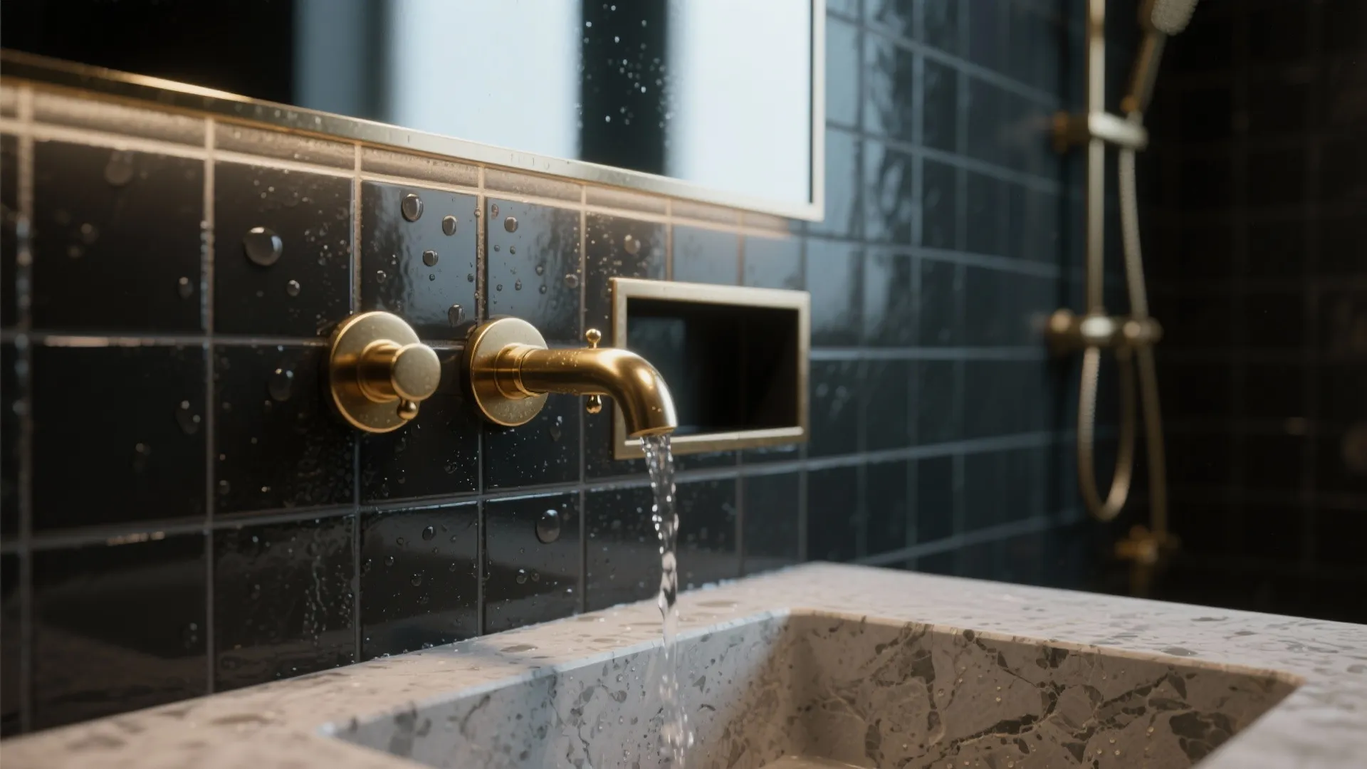 Gold faucet on black tiled wall with running water into a grey marble bathroom basin