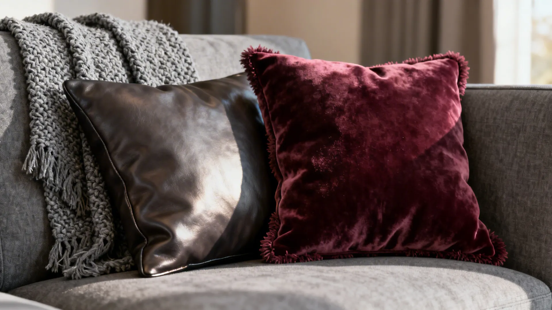 Close-up of boucle throw, leather pillow, and burgundy velvet cushion on a grey sofa.
