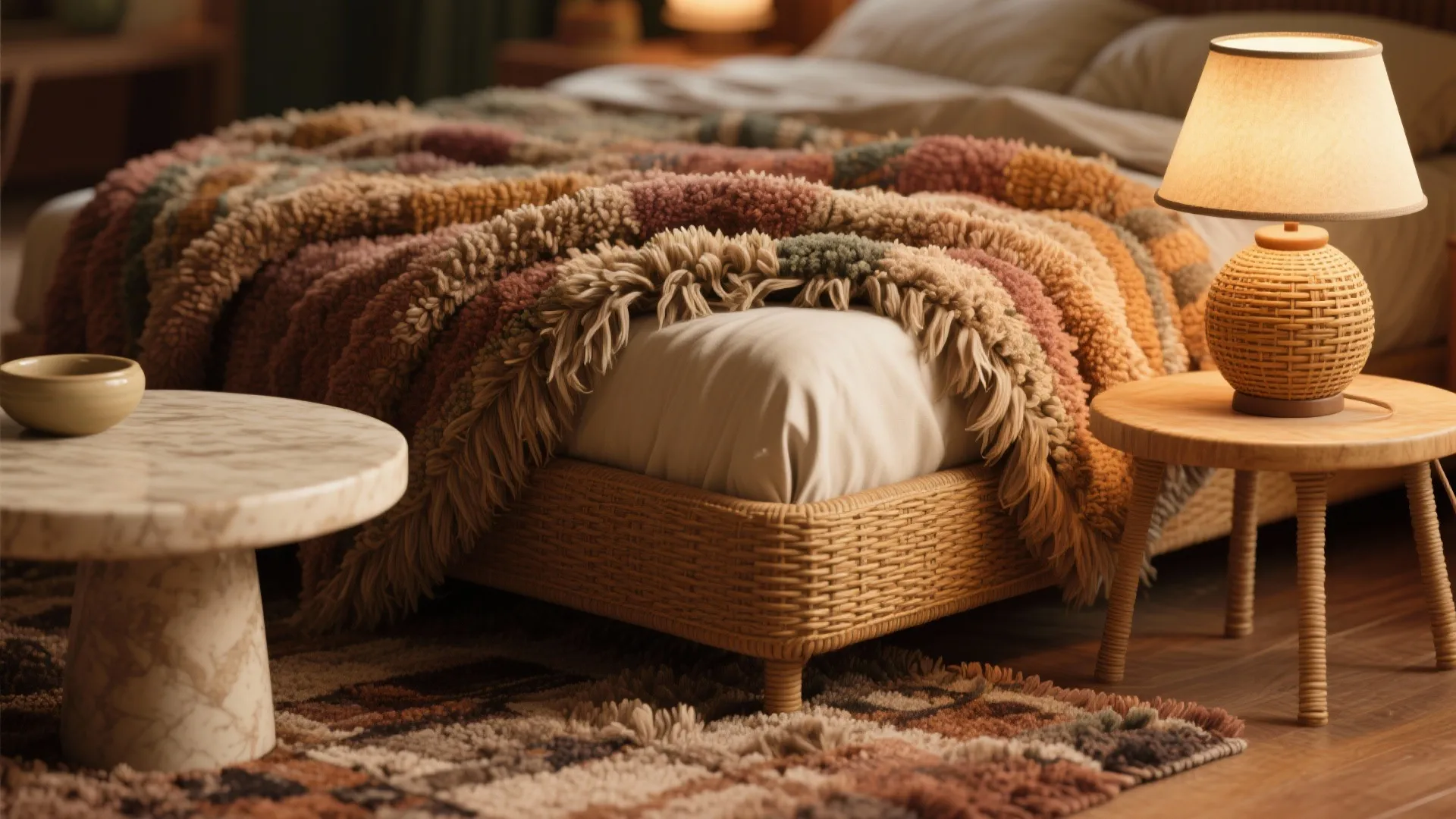 3. Layer textures: shag rugs, boucle, and woven accents
