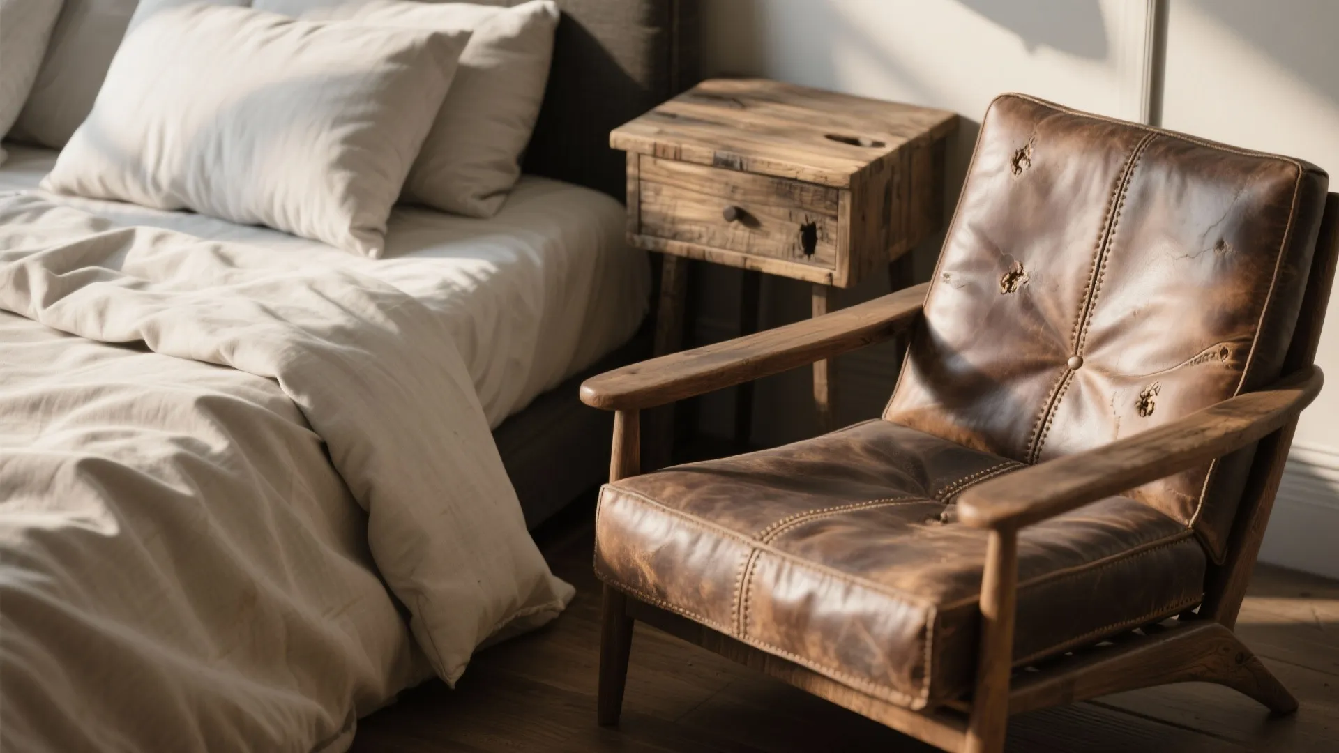 4. Textural contrast: leather, linen, and reclaimed wood