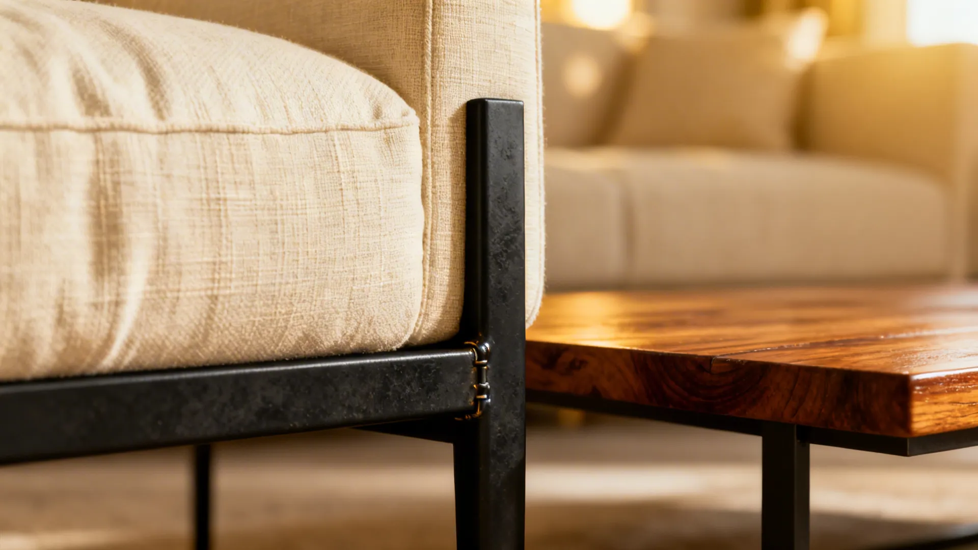 Close-up of cream linen, black metal leg and warm wood coffee table textures