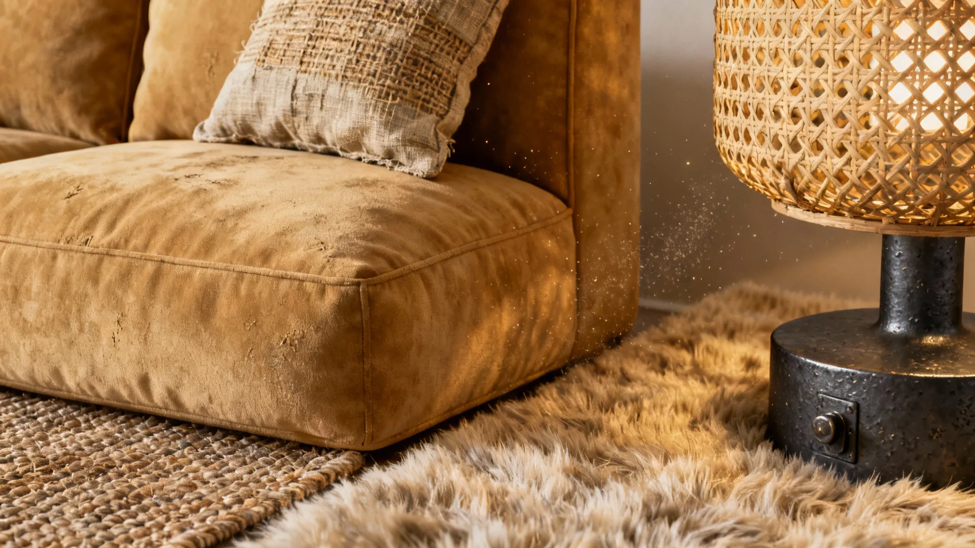 Macro details of linen, wool, rattan and charcoal hardware near a tan sofa