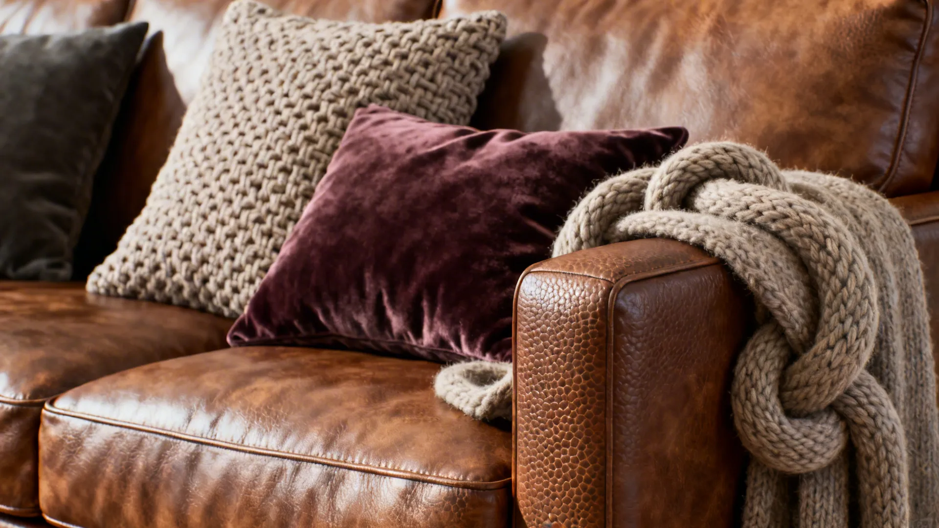 Close-up of faux leather with knit, velvet, and wool textiles layered to soften the sheen.