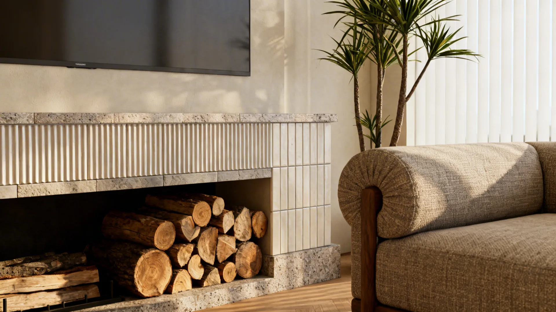 Mantel with fluted tiles, stacked wood, and a tall plant balancing sectional horizontal mass.