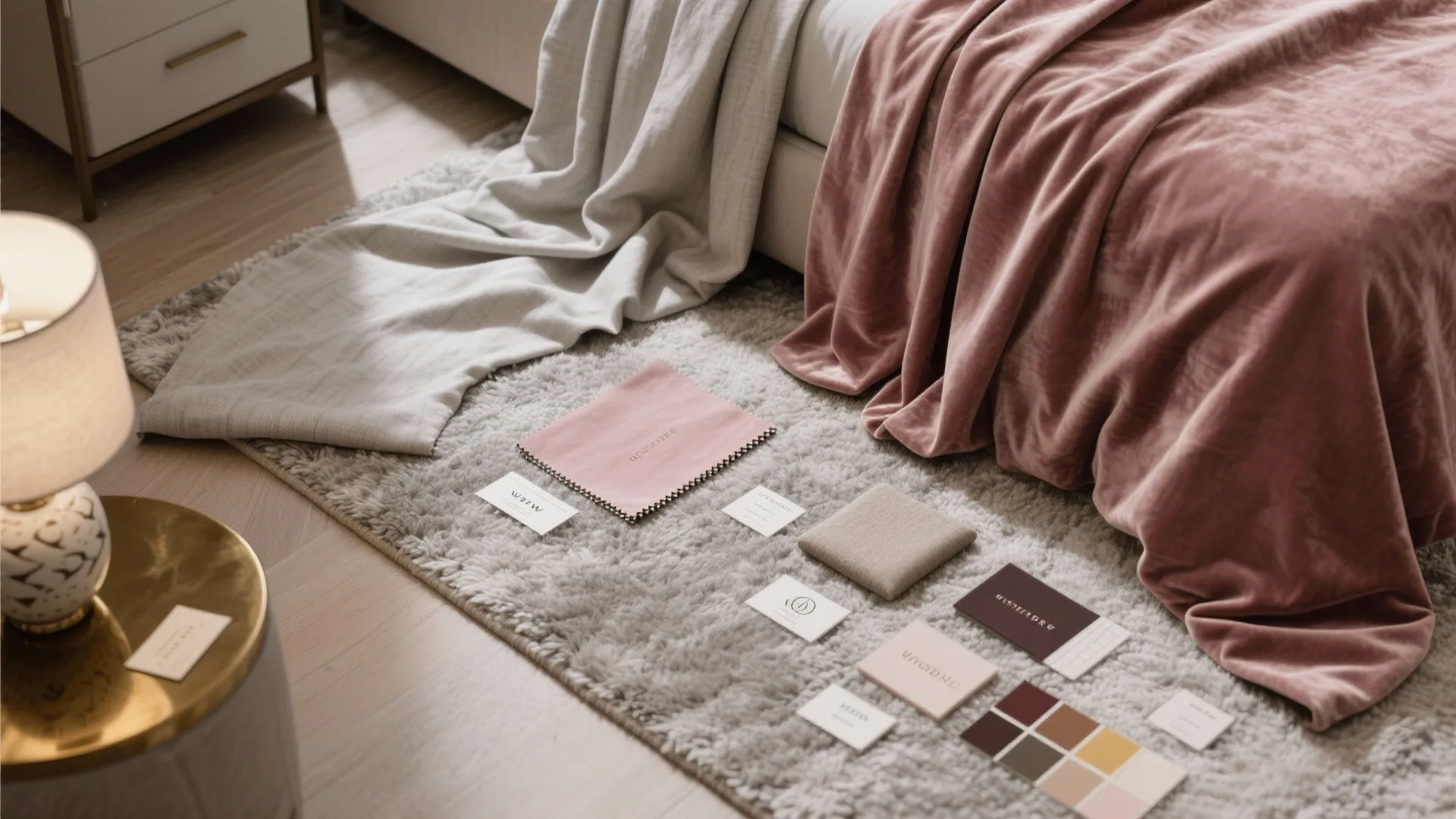 Interior design fabric samples and color cards arranged on a fluffy rug in a bedroom