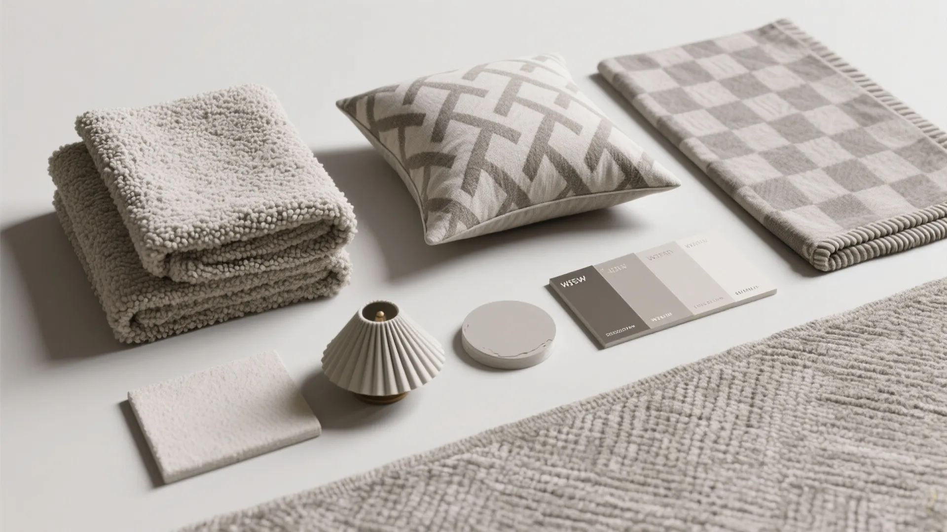 Interior design material board with grey towels patterned pillow color swatches rug and small light