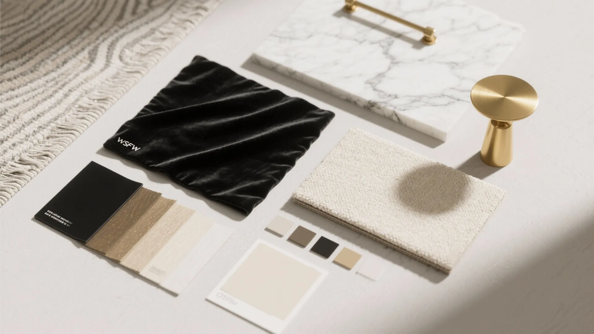 Top-down material flatlay of black velvet, brushed gold metal, and white marble samples.