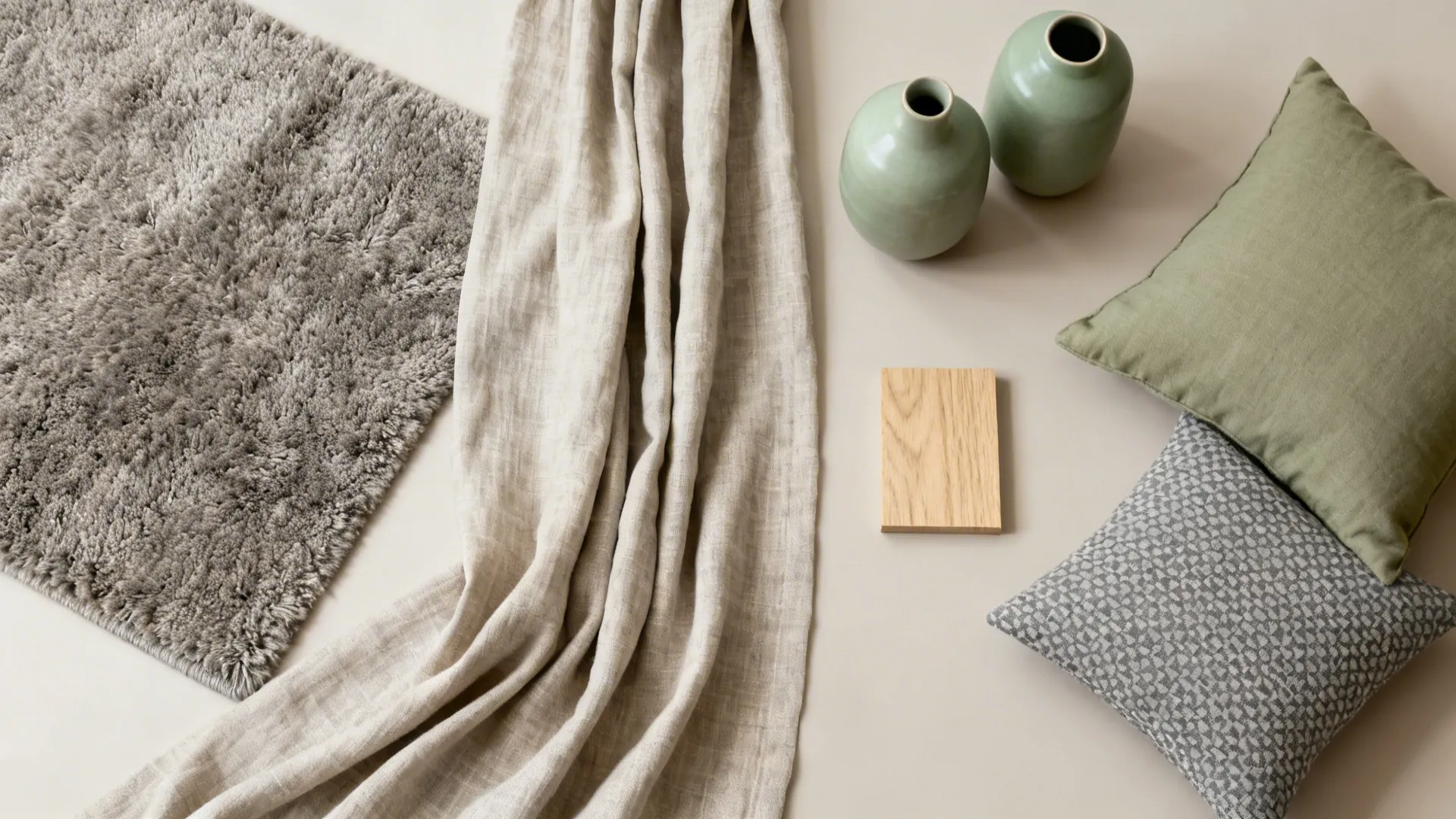 Flatlay of wool rug, linen fabric, matte ceramic vases and pillow swatches in sage and grey