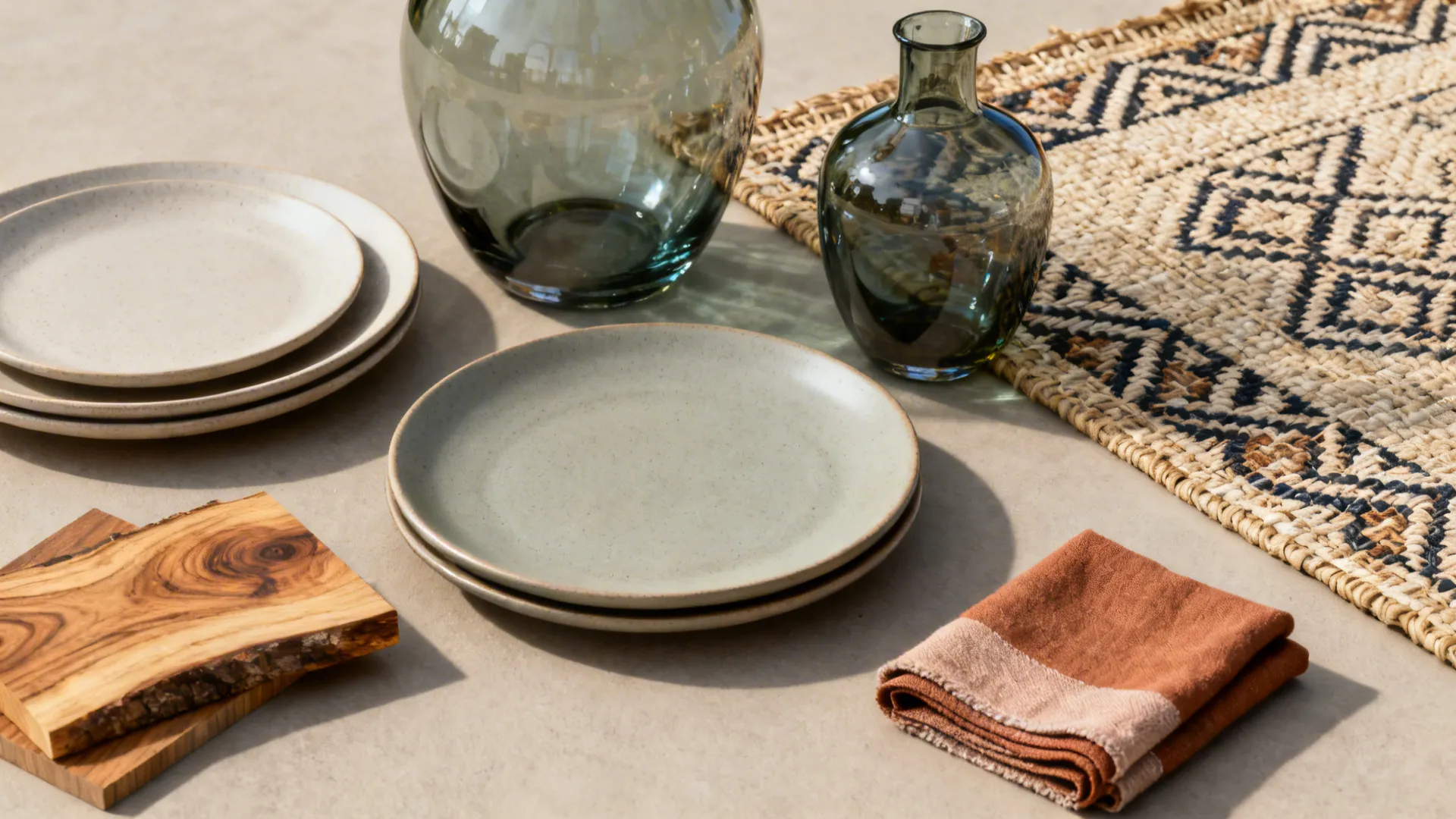 Flatlay of material samples showing ceramics, glass, wood and woven textures for shelf styling.