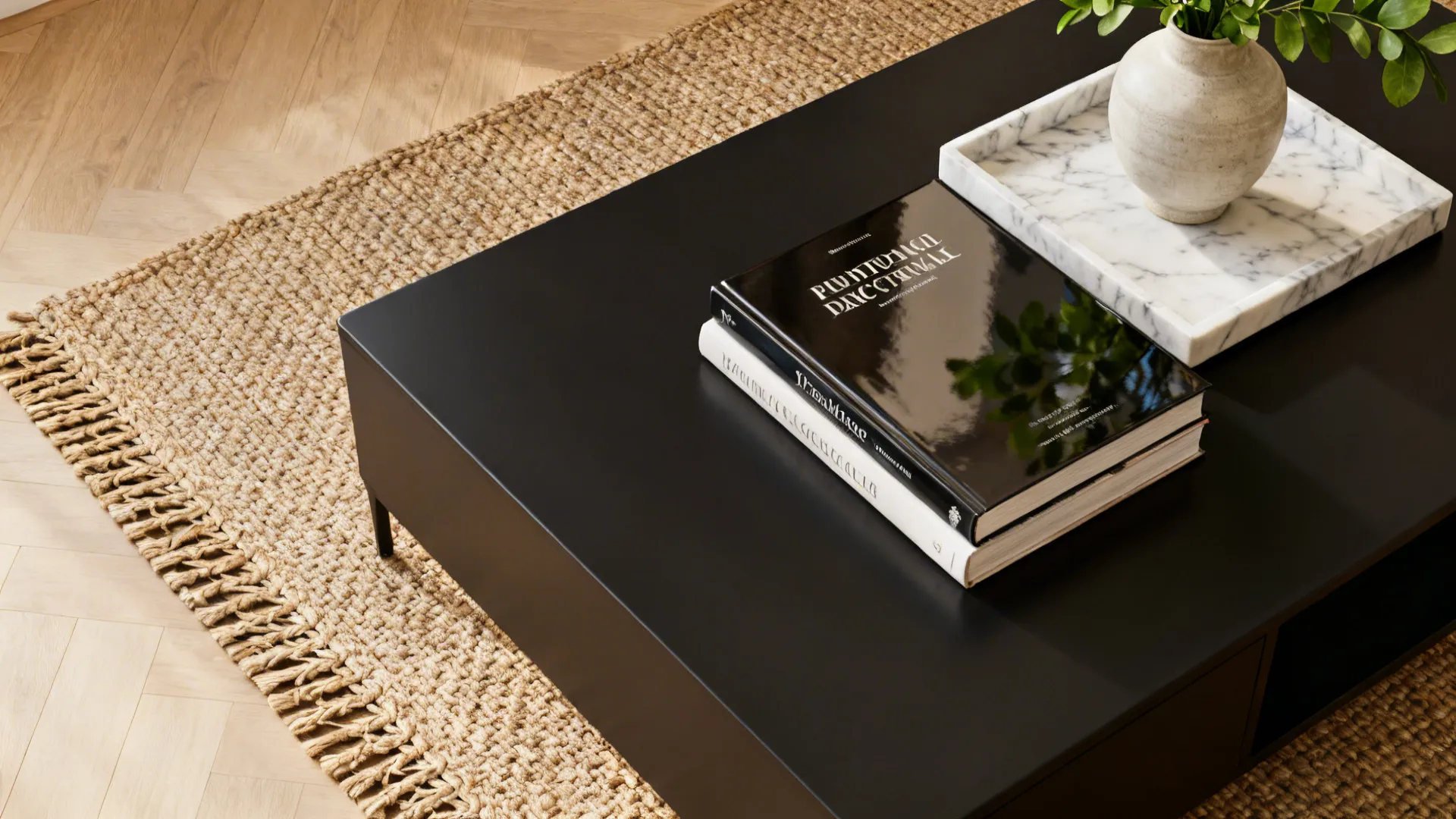 Top-down flatlay of rug, marble tray, books and vase for styling a black coffee table