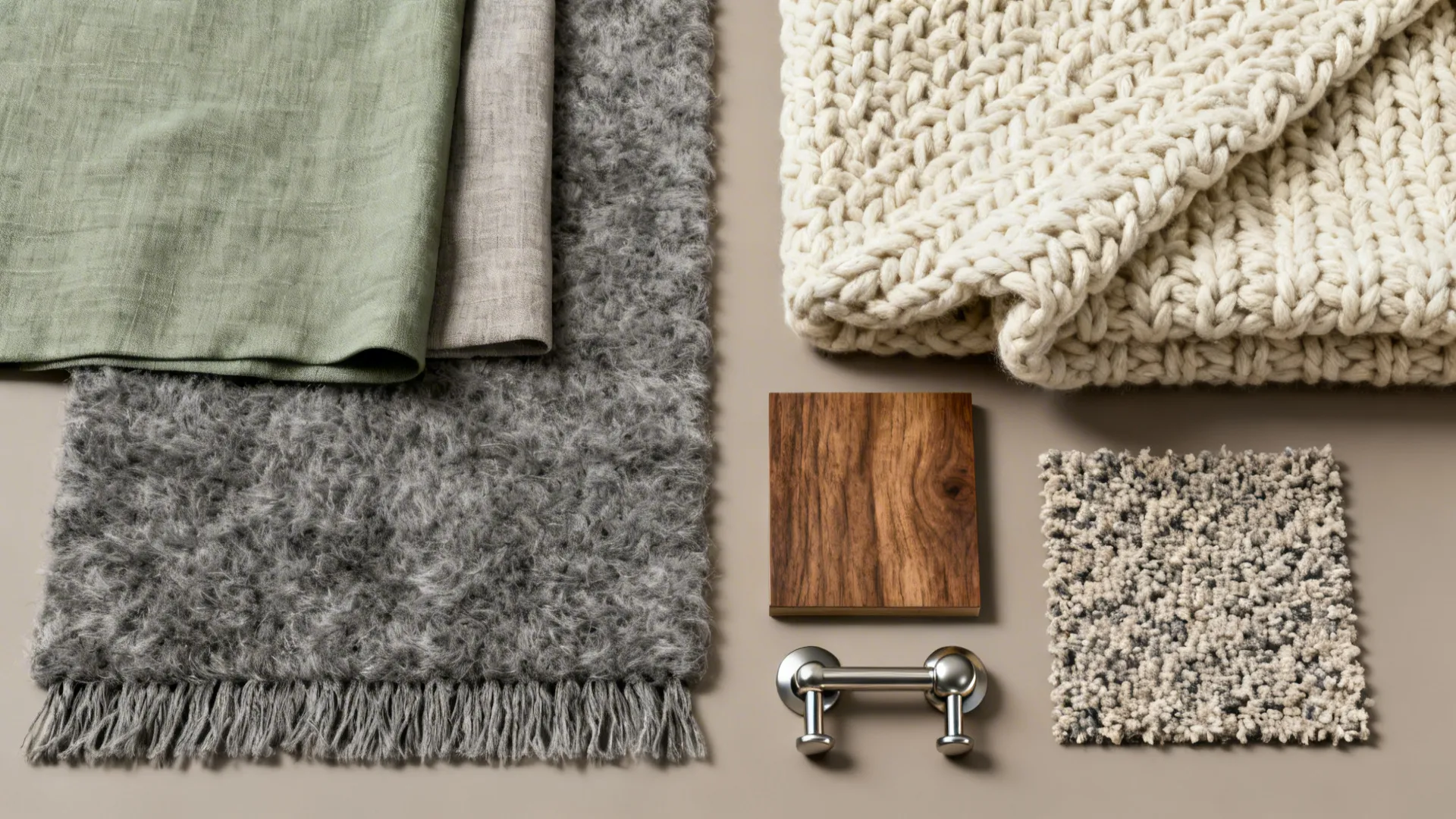 Flatlay of sage linen, grey wool, cream knit, boucle and metal samples