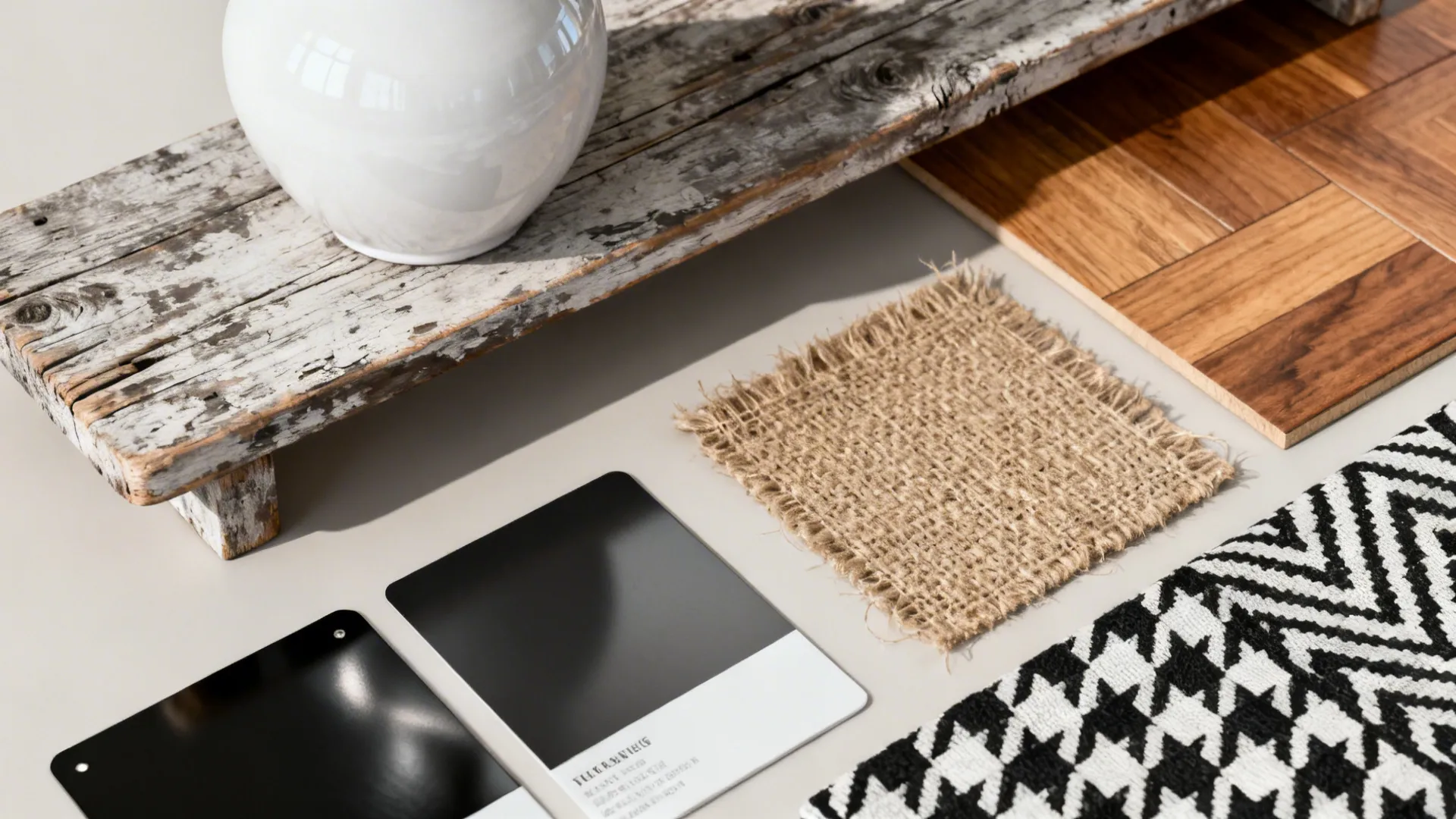 Flatlay of matte black metal, glossy ceramic, reclaimed wood, and jute textile samples
