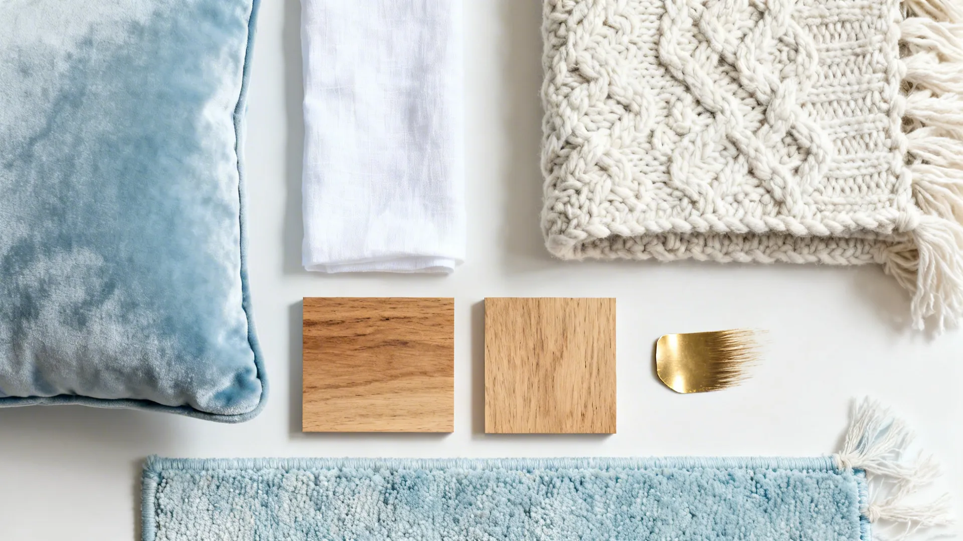 Material mood board showing blue pillow, white fabric, knitted blanket, wood samples, and blue rug