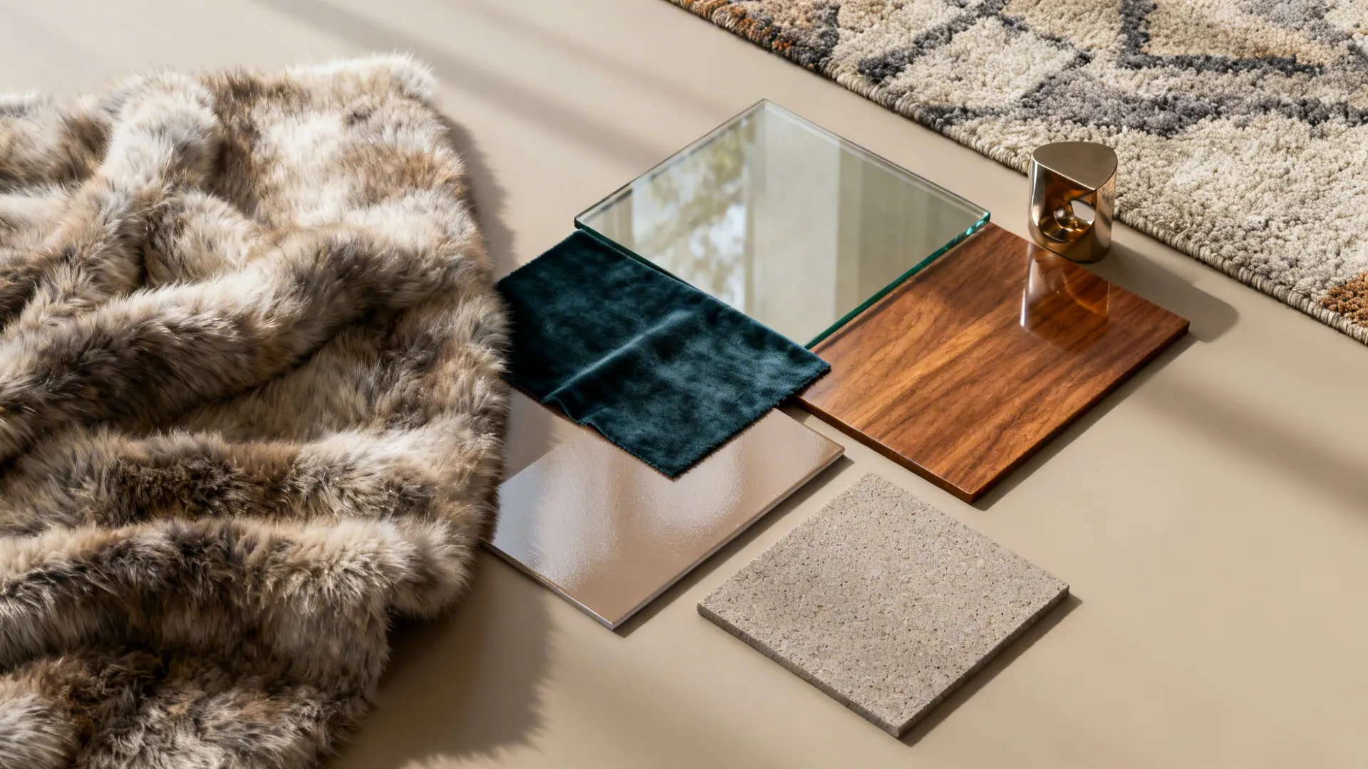 Material flatlay of faux fur, velvet, lacquer, glass and wood swatches showing mixed textures.