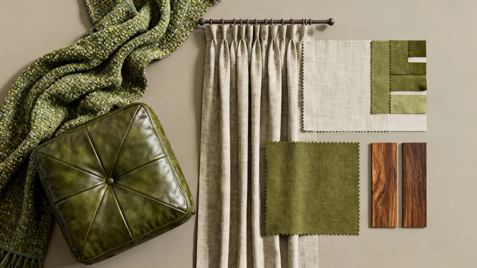 Flatlay of boucle, leather, linen swatches and walnut finish chips for a green mid-century palette.