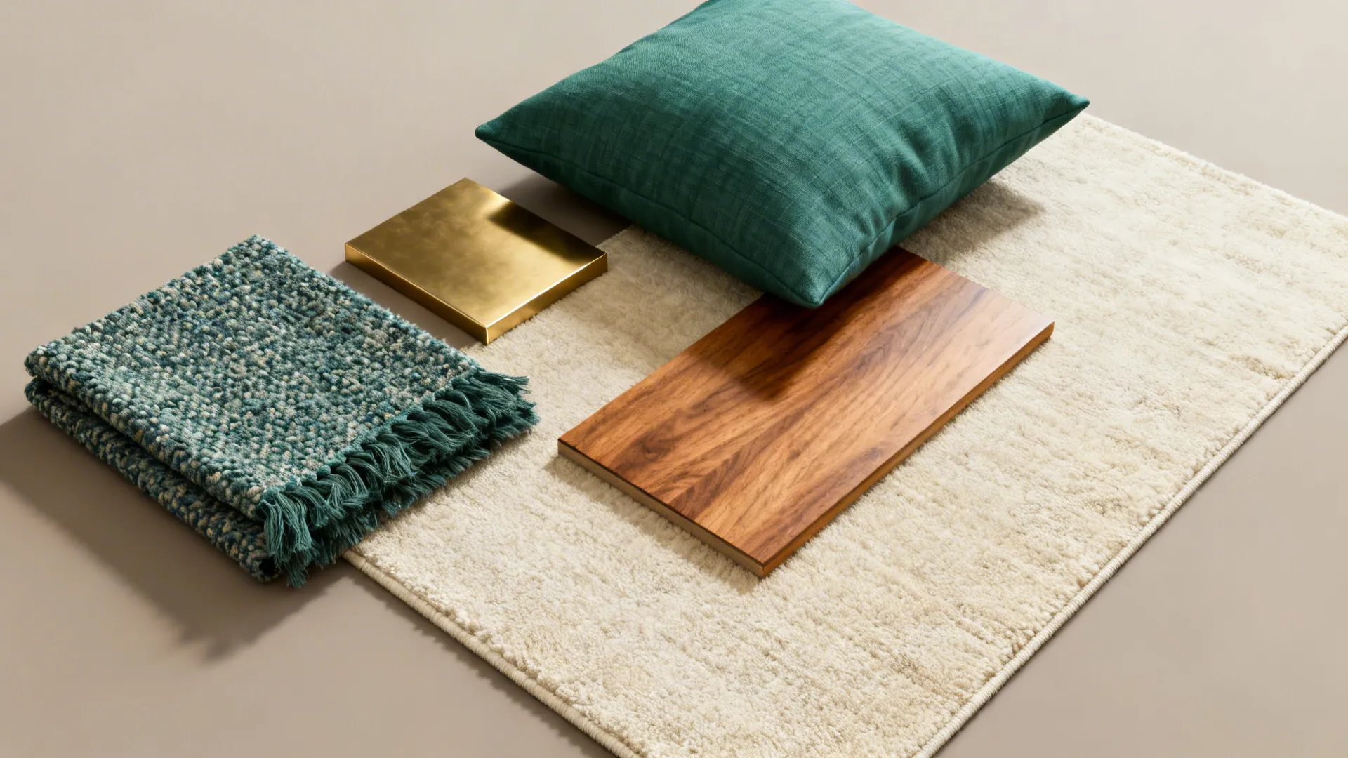 Flatlay of emerald linen, boucle throw, matte gold metal and warm wood swatches