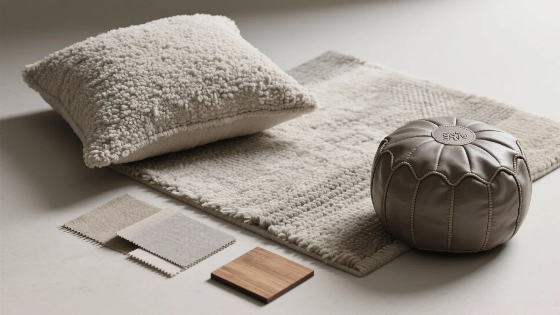 Interior design materials featuring textured white pillow grey rug leather footrest fabric swatches and wood