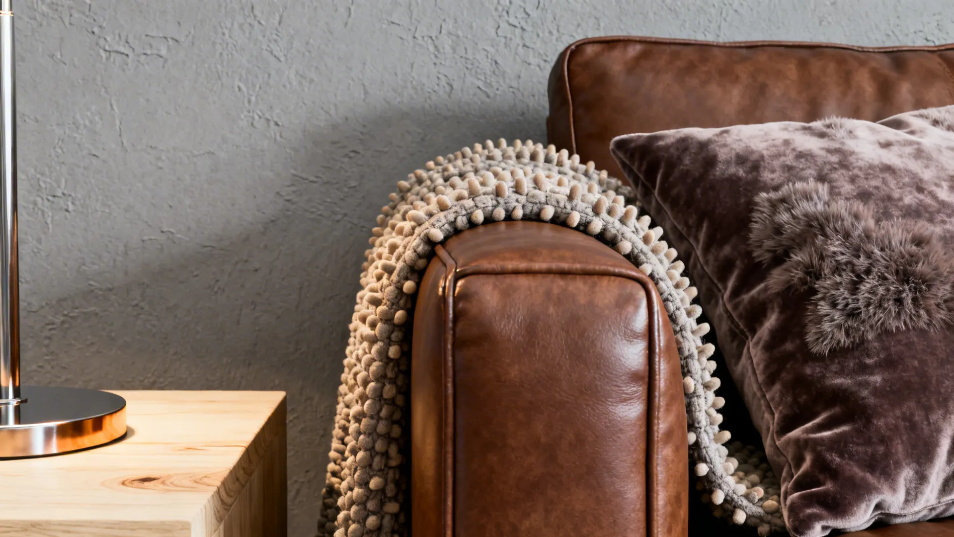 Brown leather sofa with textured blanket velvet pillow near wooden side table with a lamp