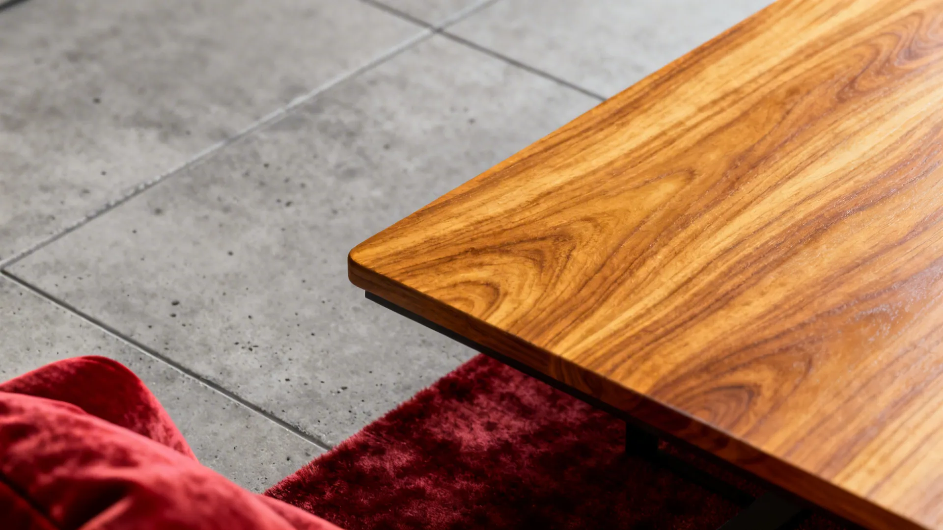 2. Layer Textures: Concrete Gray + Red Velvet + Warm Wood