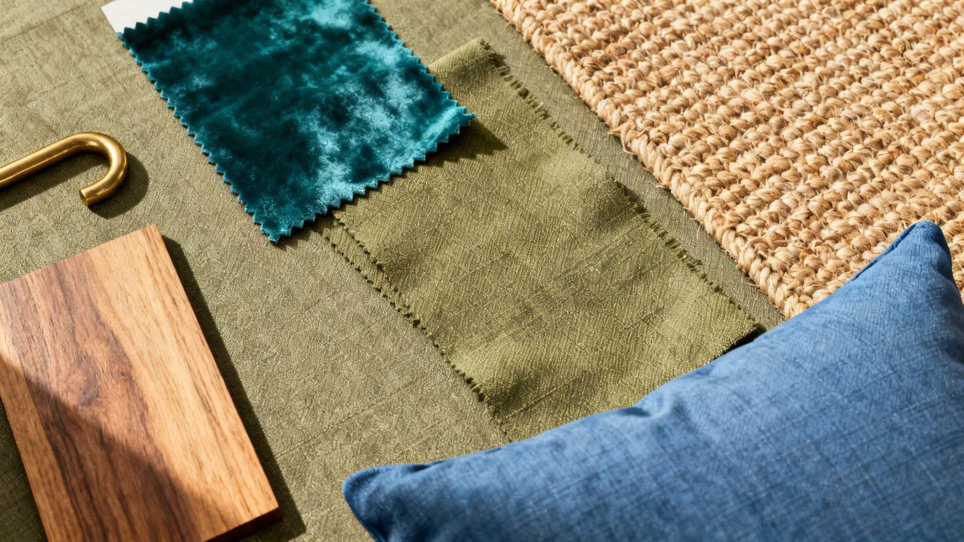 Flatlay of teal velvet, olive linen, jute rug and wood samples