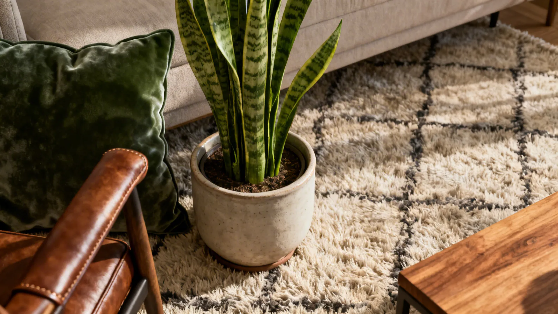 Snake plant in ceramic pot on textured rug with green velvet pillow and leather armchair