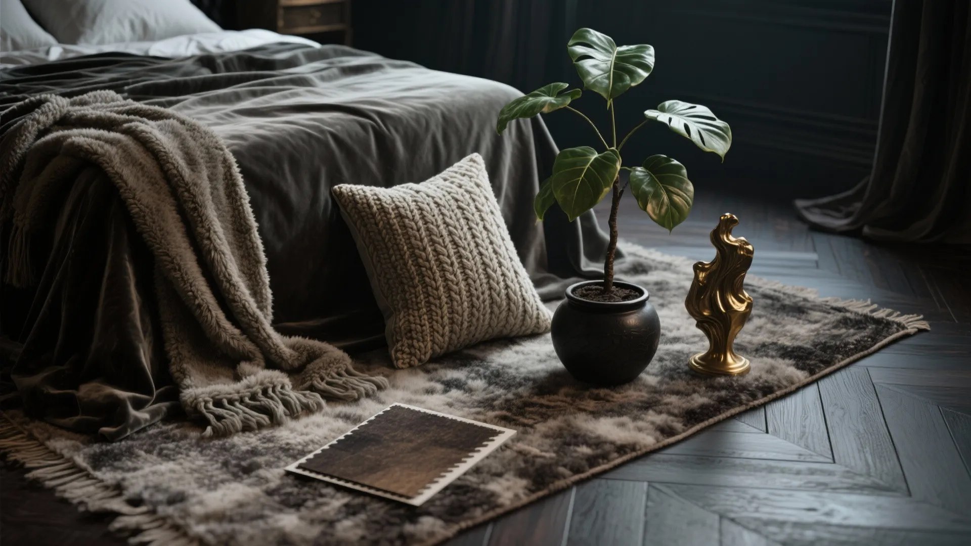 Flatlay of plush textiles, a small rubber tree and dark wood sample for a Gothic bedroom
