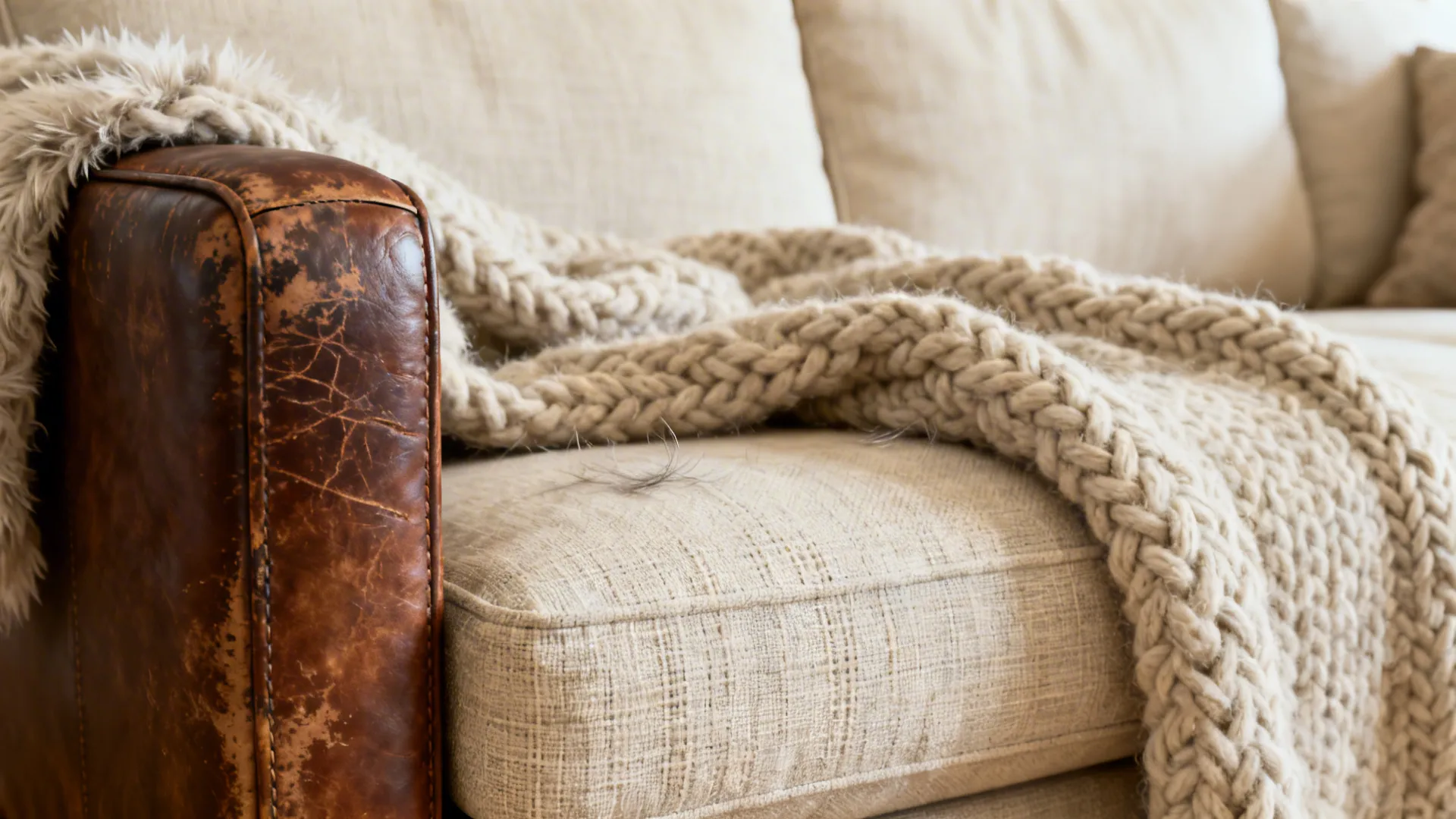 Close-up of linen sofa, distressed leather, and chunky wool throw textures