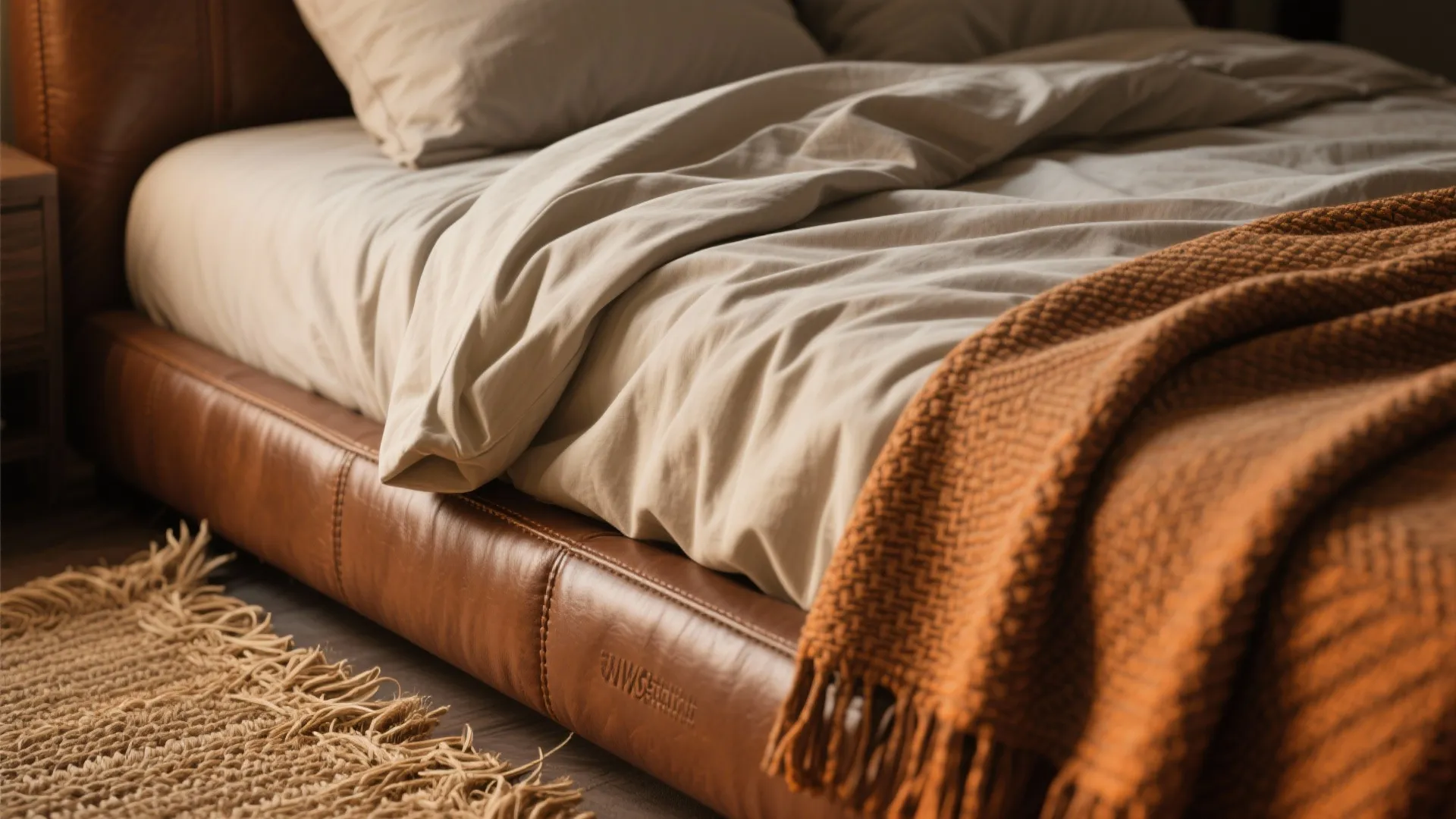 2. Mix Textures: Leather, Linen, and Woven Rugs