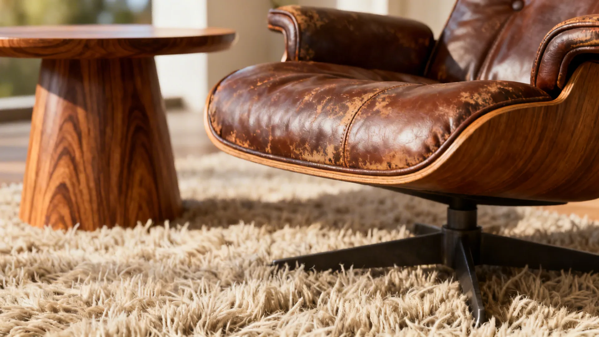 Close-up of leather chair, wool rug fibers, and teak wood grain showcasing mid-century textures