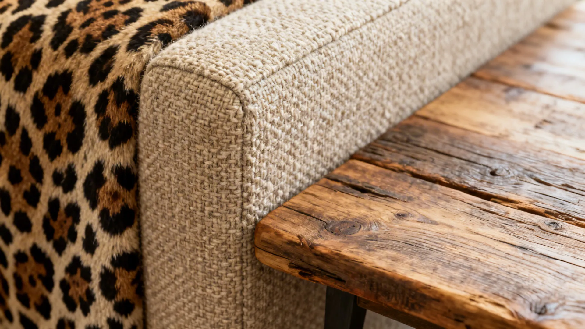 Close-up of leopard upholstery next to boucle fabric and reclaimed wood surface showing texture contrast.