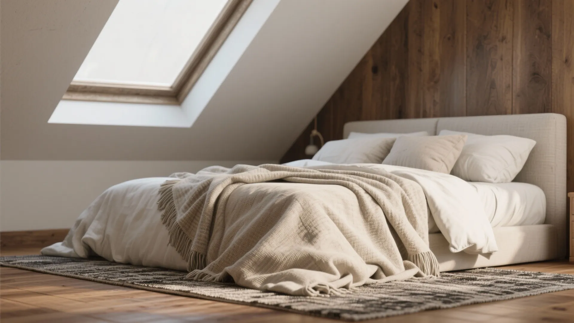 Layered textiles and warm wood floor in a light-toned attic bedroom.