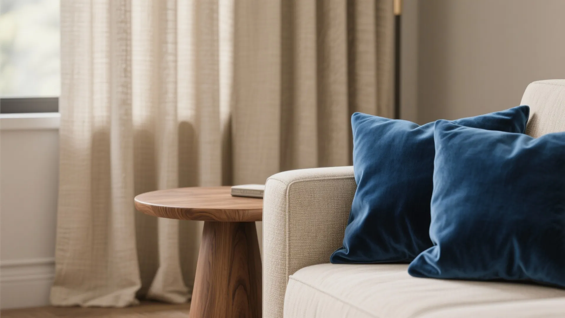 Close-up of beige linen, blue velvet cushion, and natural oak wood textures