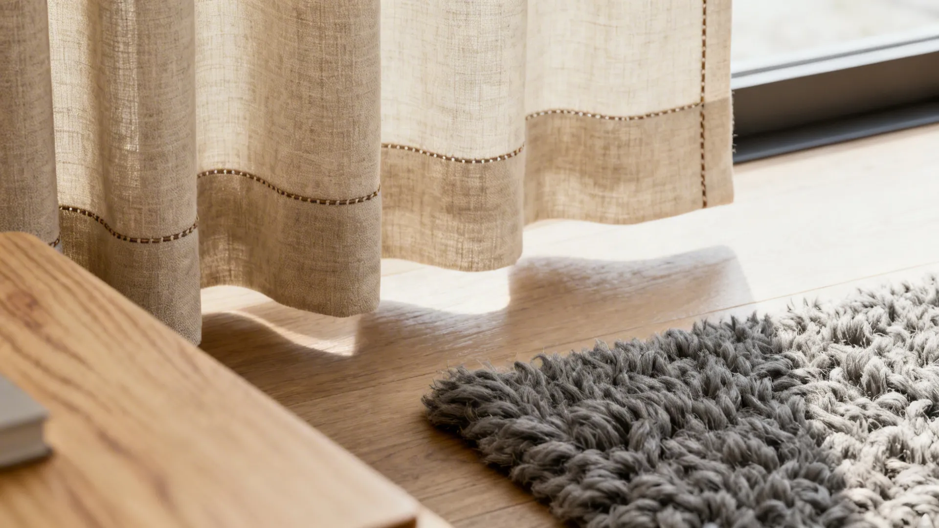 Close up of beige linen curtain hanging over wood floor with a grey wool rug