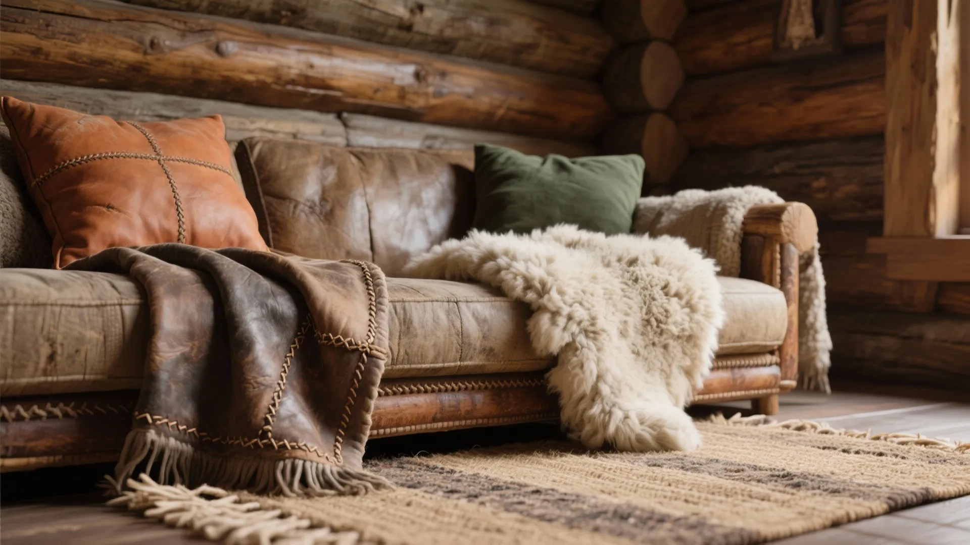2. Mix textures—wool, leather, and raw timber