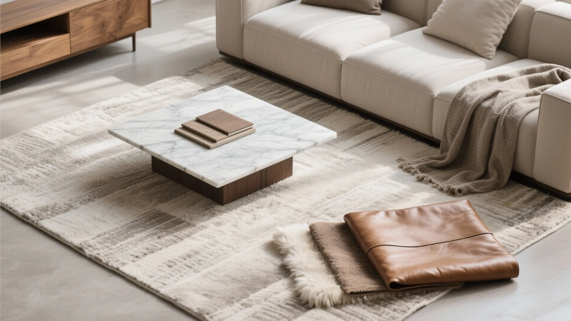 Modern living room interior with marble coffee table, beige sofa, textured rug, and leather cushion
