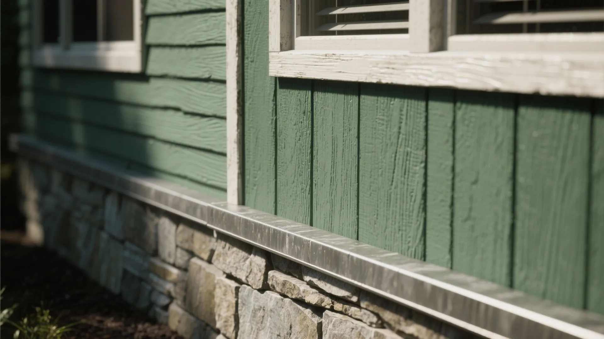 Close-up of green wood wall panel next to white window and grey stone house base
