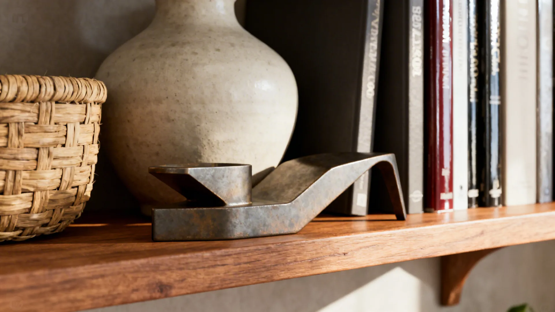 Mixed textures: matte ceramic, woven basket, metal accent and glossy book spines on a shelf.