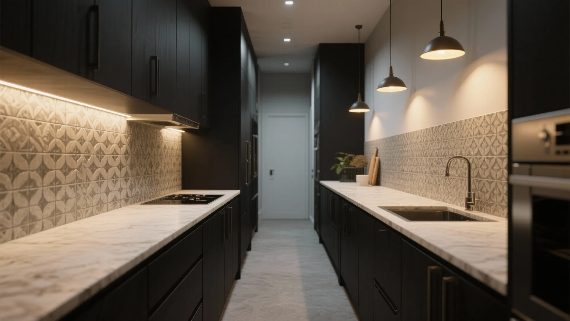 3. Layer textures: matte black, stone, and patterned tile