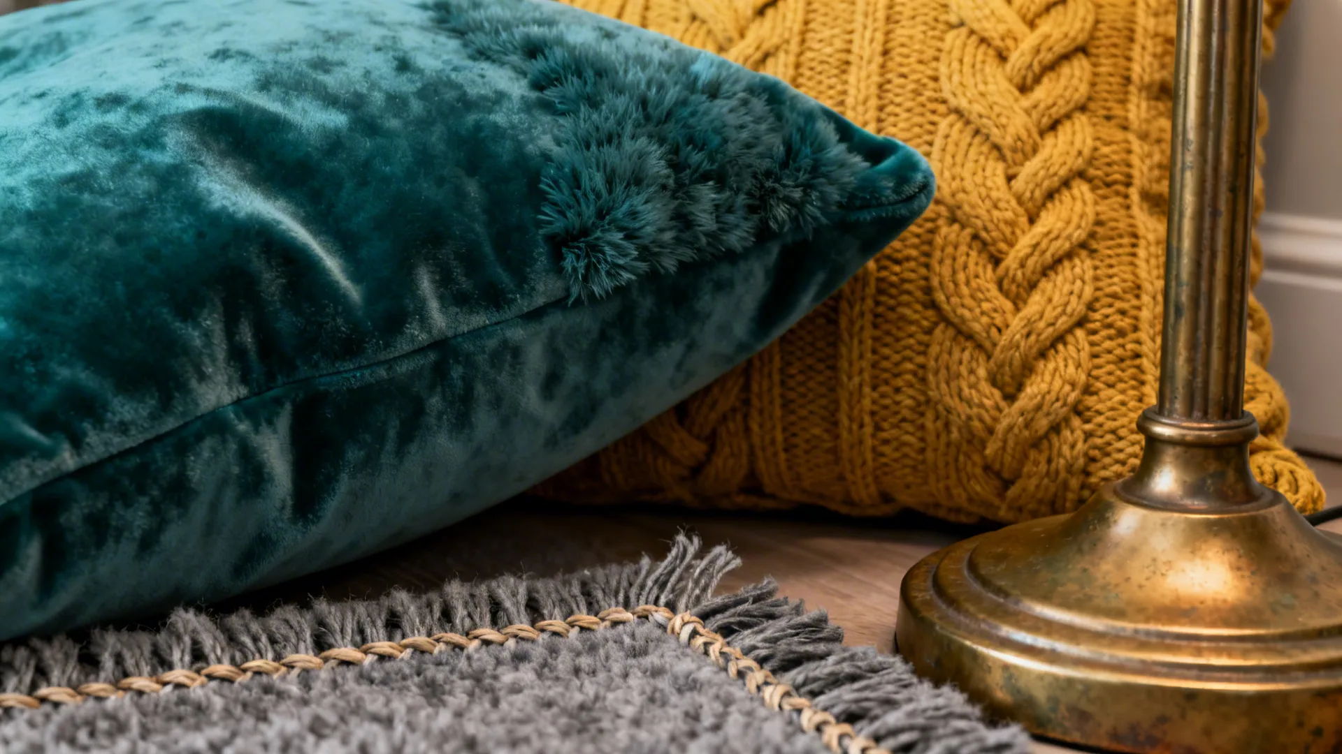 Close-up of teal velvet, knitted mustard cushion, grey wool rug and brass fittings