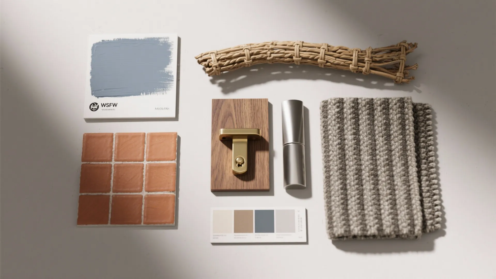 Interior design material board with blue paint, orange tiles, wood sample, metal hardware, and fabric