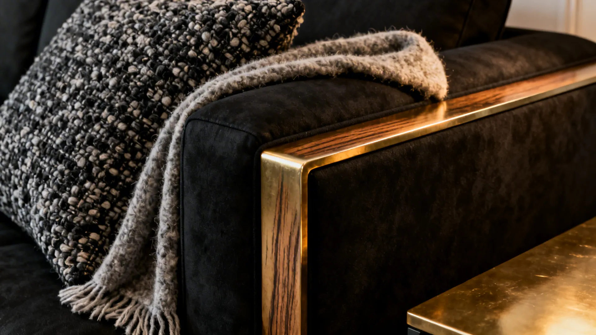 Close-up of boucle cushion, wool throw and brass table beside a black sofa.