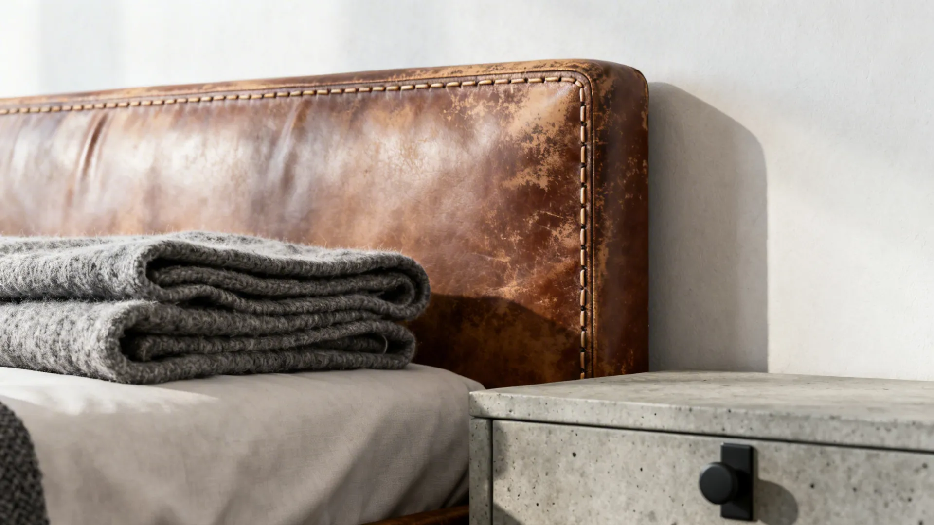 Close-up of leather headboard, wool throw, and concrete-look bedside table in a minimalist bedroom