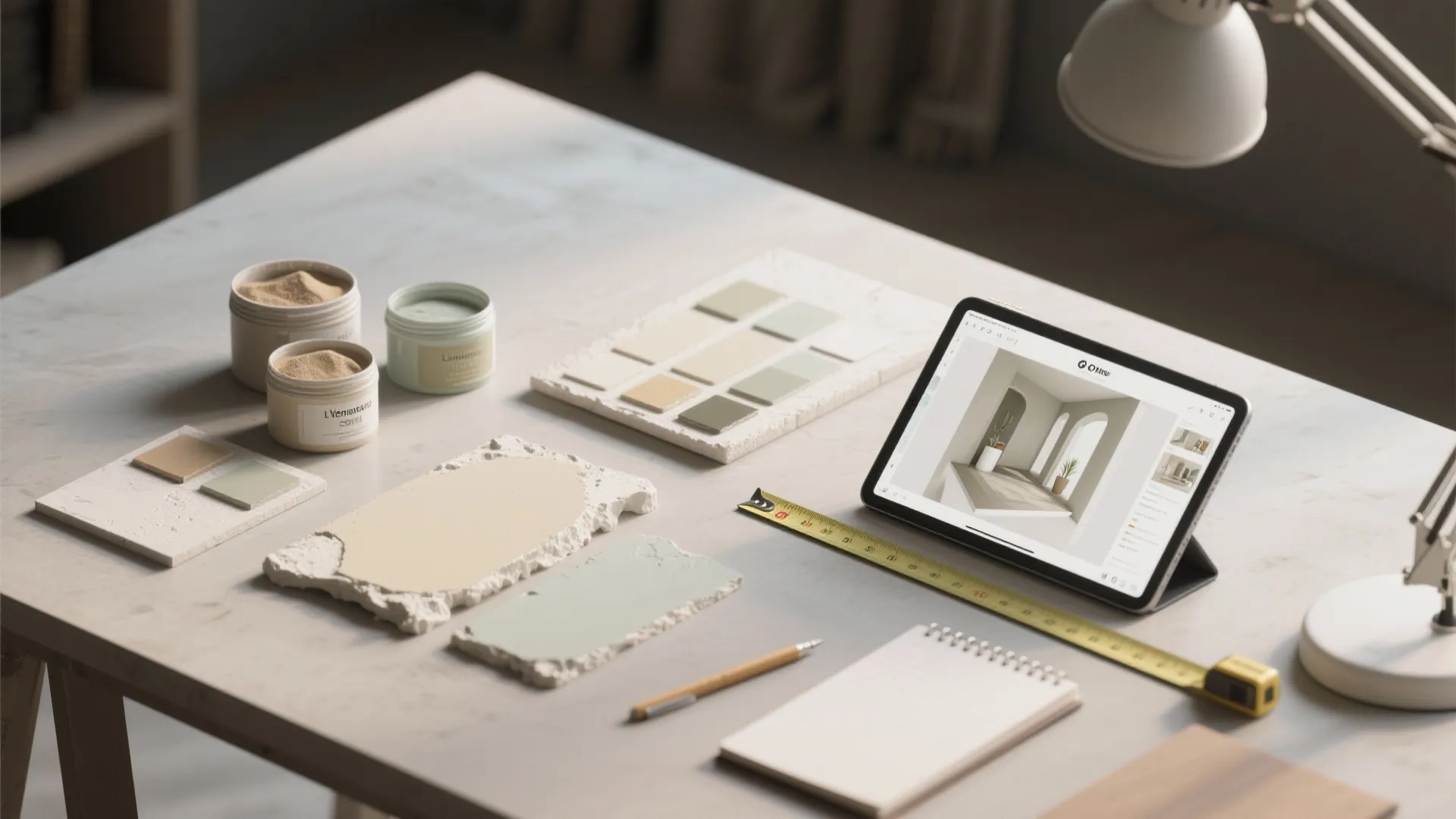 Desk with tablet showing interior design drawing next to paint cans and color material samples