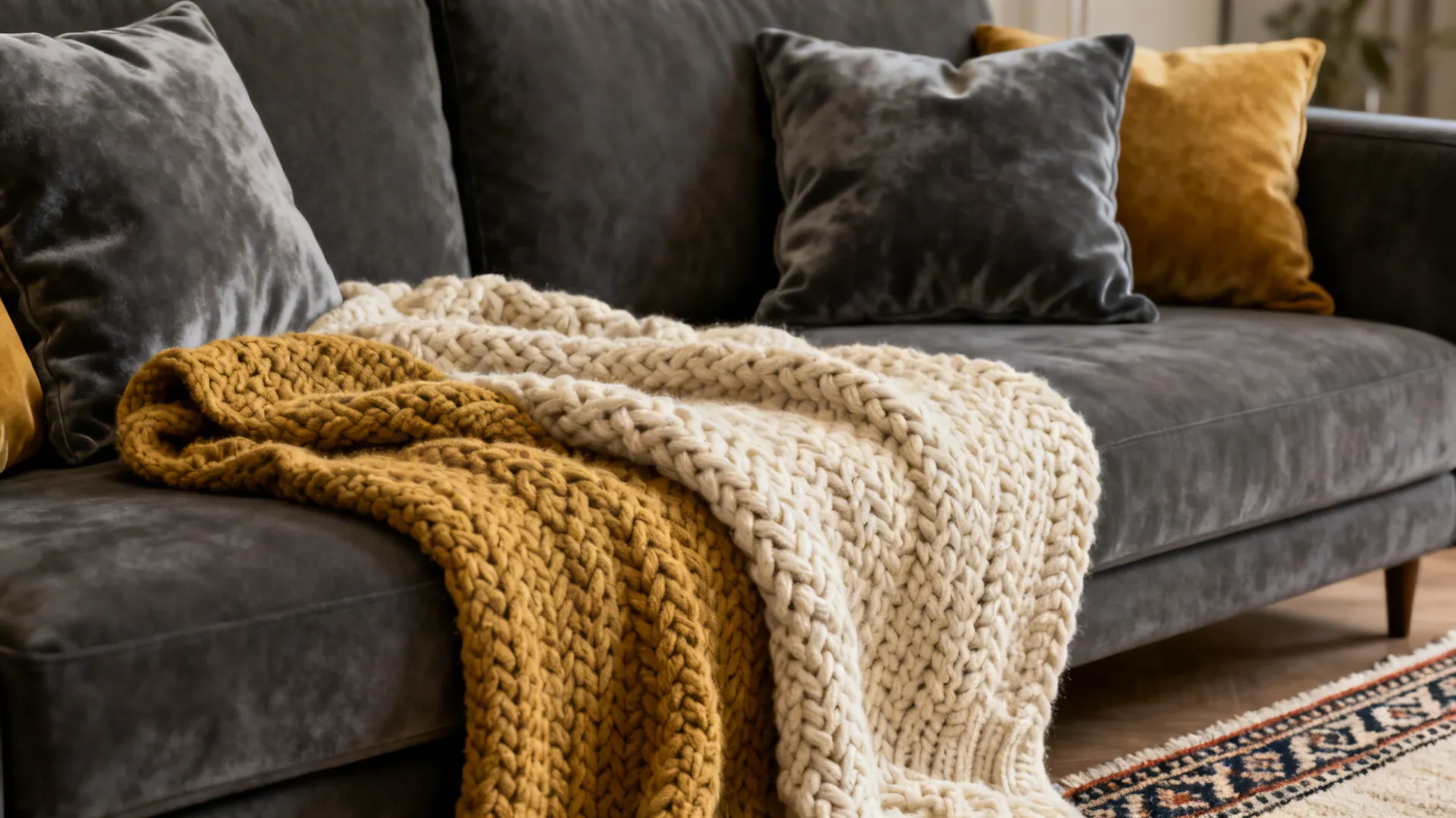 Close-up of chunky knit blanket, velvet cushions and patterned rug on a dark grey couch