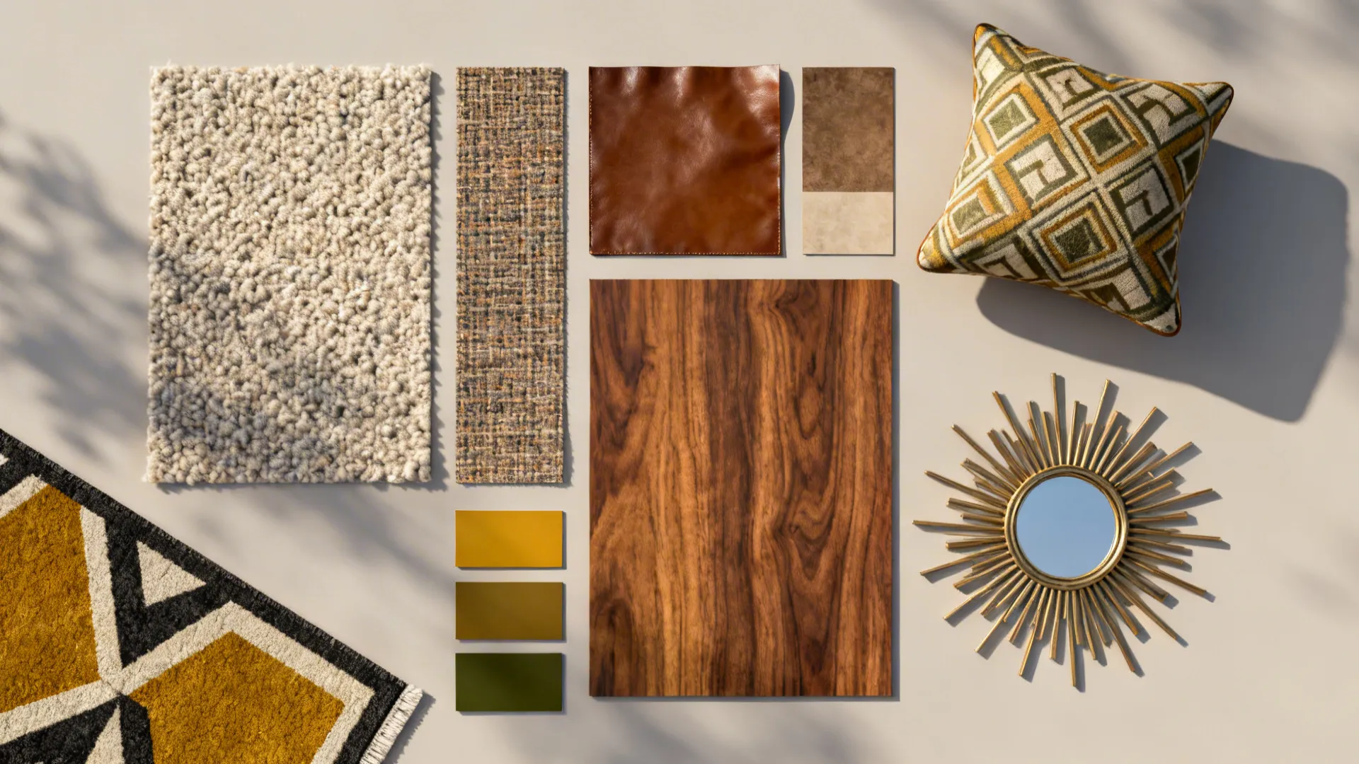 Flatlay of mid-century fabrics, wood samples, and retro pattern color chips.