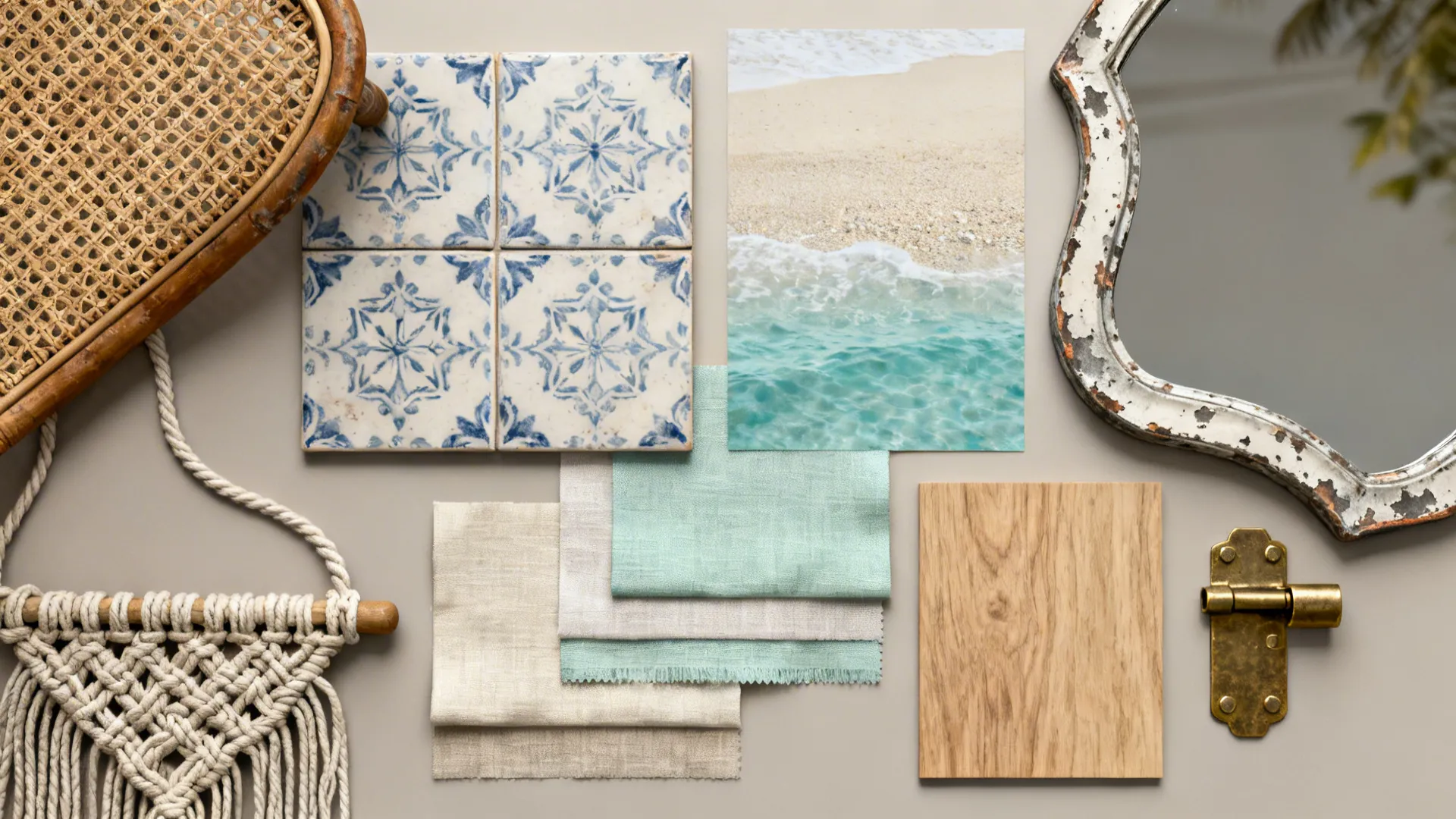 Flatlay of coastal material samples: patterned tile, wicker, macramé, wood and textile swatches.