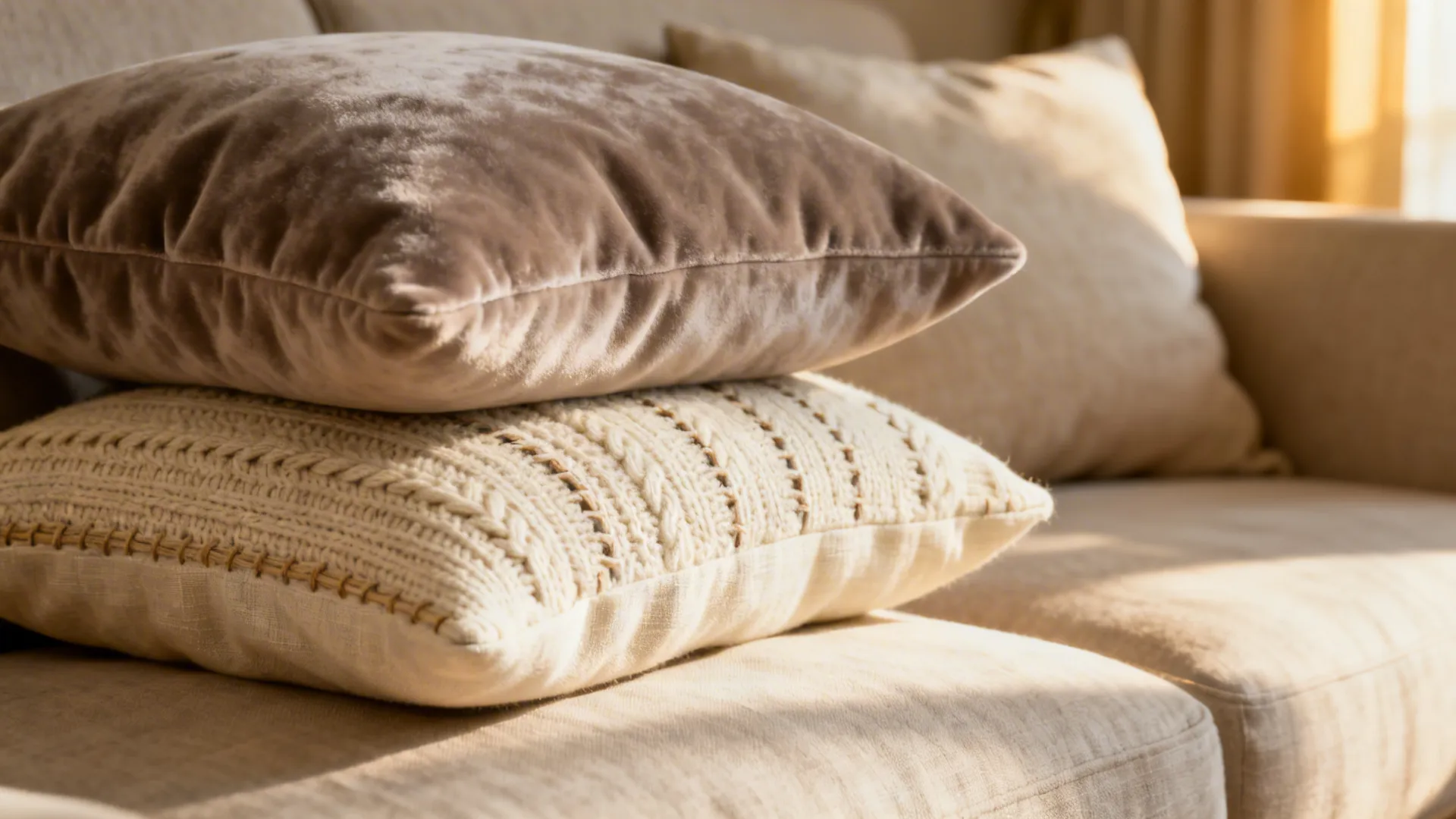 Close-up of velvet, knit, and linen throw pillow textures in a neutral palette.