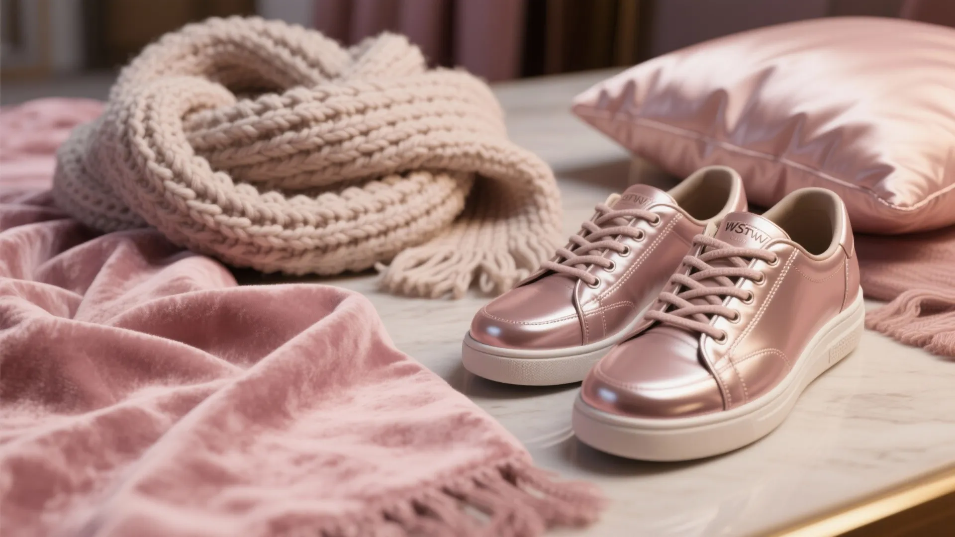 Close-up of light pink velour next to chunky knit, patent leather, and satin fabrics.