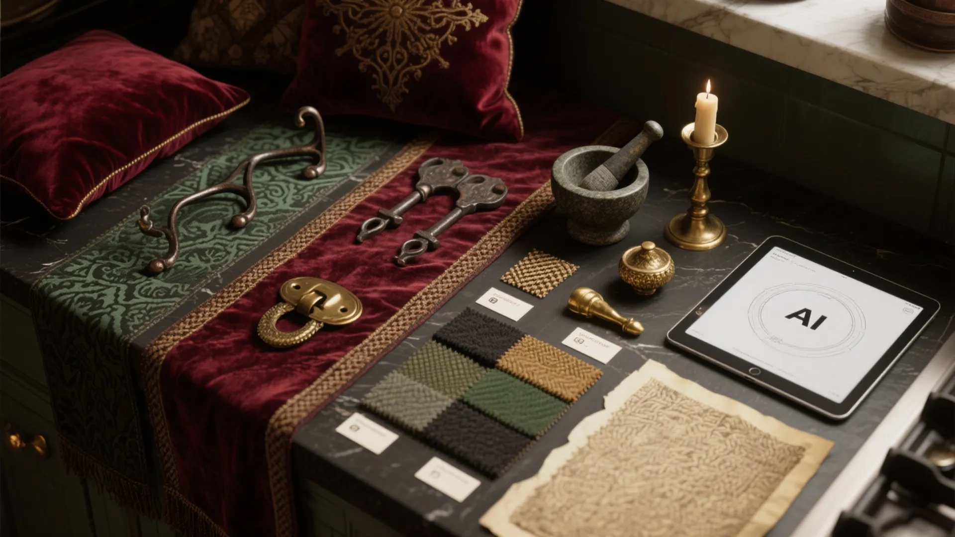 Mood board on dark table with red pillows fabric samples vintage keys and a digital tablet