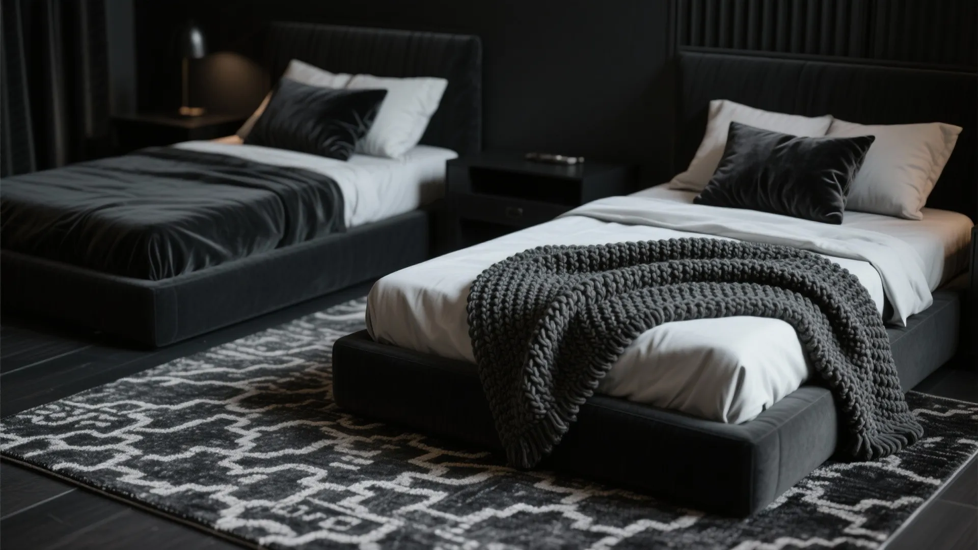 Modern dark bedroom with two twin beds grey textured rug and soft knitted wool blankets